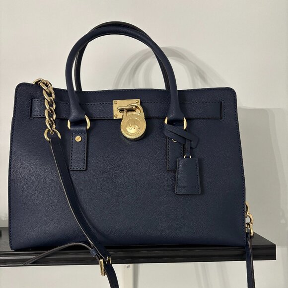 MICHAEL Michael Kors Navy Blue Leather North South Hamilton Tote - Picture 2 of 10